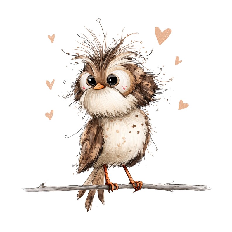 K&ouml;nnte beinhalten: Eine skurrile Illustration eines Vogels mit gro&szlig;en, ausdrucksstarken Augen und einem flauschigen Aussehen. Der Vogel sitzt auf einem Ast, mit einem braunen und wei&szlig;en Farbschema. Sanfte rosa Herzen schweben um den Vogel herum und schaffen eine bezaubernde und liebenswerte Szene.