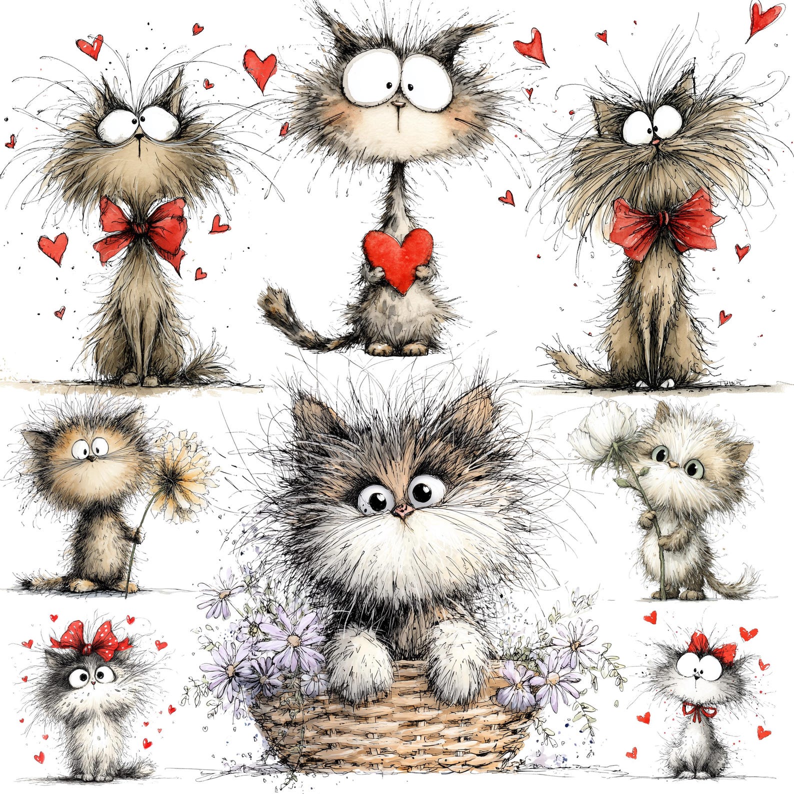 40 Whimsical Cute Cats Clipart, Floral Kittens PNG, Digital Download - Etsy