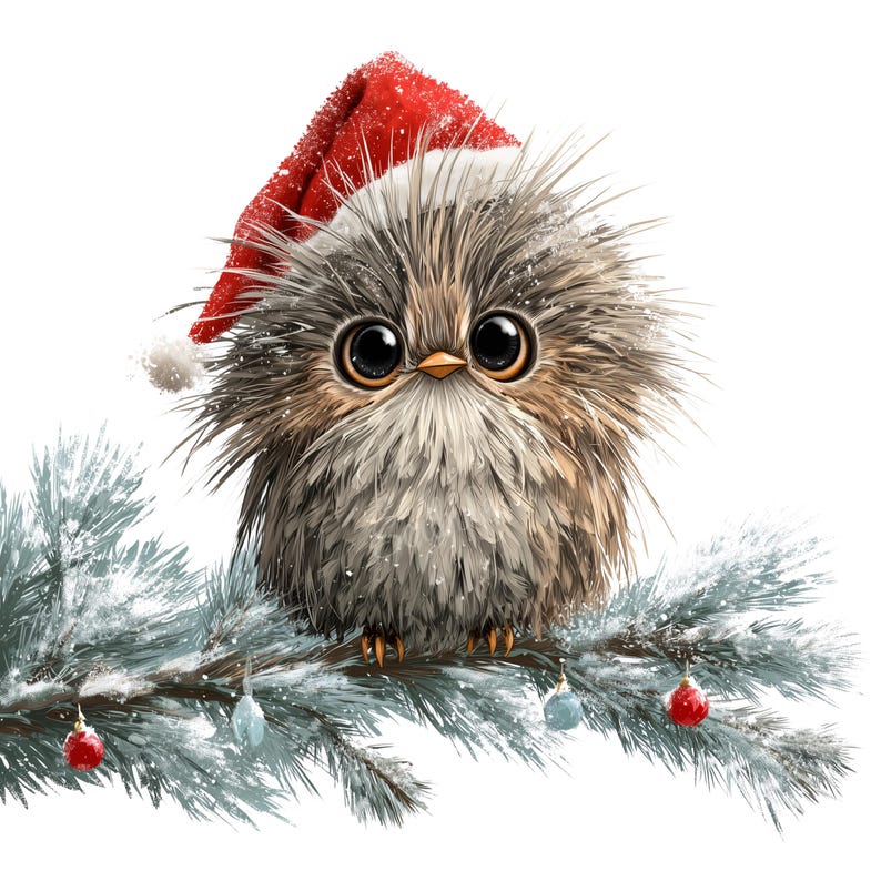 K&ouml;nnte beinhalten: Ein flauschiger Cartoon-Eule mit gro&szlig;en, ausdrucksstarken Augen, die einen roten Weihnachtsmannhut tr&auml;gt. Die Eule sitzt auf einem schneebedeckten Kiefernzweig, der mit kleinen Ornamenten geschm&uuml;ckt ist. Das Bild hat ein festliches, weihnachtliches Thema.