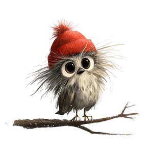 K&ouml;nnte beinhalten: Eine skurrile Illustration einer Eule mit gro&szlig;en Augen, die auf einem Ast sitzt. Die Eule tr&auml;gt eine rote Strickm&uuml;tze mit Bommel. Ihre Federn sind eine Mischung aus Grau und Wei&szlig;, was ihr ein weiches, strukturiertes Aussehen verleiht. Der Ast ist braun.