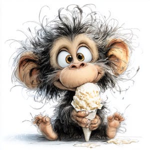 Könnte beinhalten: Eine Cartoon-Illustration eines kleinen, flauschigen Affen mit struppigem dunklen Fell und großen, weit aufgerissenen Augen. Der Affe sitzt da und hält eine weiße Eiswaffel in den Händen, wobei etwas Eis auf die Fläche darunter schmilzt.