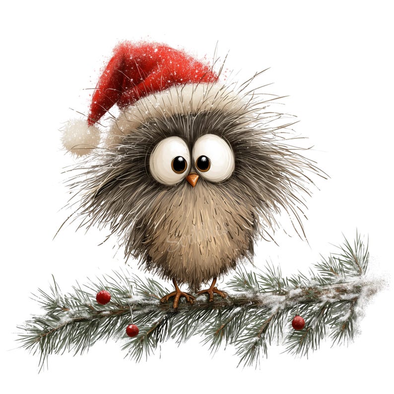 K&ouml;nnte beinhalten: Eine skurrile Illustration einer Eule mit roter Weihnachtsm&uuml;tze, die auf einem schneebedeckten Kiefernzweig sitzt. Die Eule hat gro&szlig;e, ausdrucksstarke Augen und ist mit roten Beeren geschm&uuml;ckt, was ein festliches Weihnachtsthema schafft.