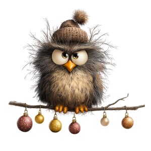 K&ouml;nnte beinhalten: Eine Cartoon-Eule mit gro&szlig;en Augen und einer braunen Strickm&uuml;tze sitzt auf einem Ast. Die Eule hat flauschige graue und braune Federn. Der Ast tr&auml;gt sechs Weihnachtskugeln in Gold-, Rot- und Cremet&ouml;nen.