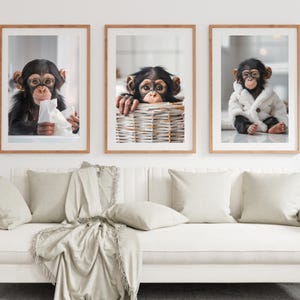 Set of 3 Baby Monkey Bathroom Prints – Cute Chimp Nursery Wall Art, Playful Jungle Animals, Digital Download for Kids Bathroom Decor or Home