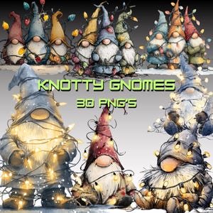 May include: A collection of watercolour gnome illustrations, each with a pointed hat and a long white beard, decorated with fairy lights. The image features the text "KNOTTY GNOMES 30 PNG'S". The gnomes are in various colours.