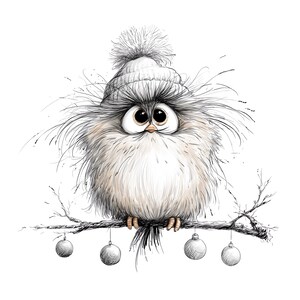 K&ouml;nnte beinhalten: Eine skurrile Illustration eines flauschigen Vogels, der eine wei&szlig;e Strickm&uuml;tze mit Bommel tr&auml;gt und auf einem Ast sitzt. Der Vogel hat gro&szlig;e, ausdrucksstarke Augen und ist von zarten Linien umgeben. Silberne Kugeln h&auml;ngen am Ast und deuten auf ein Winter- oder Feiertagsmotiv hin.