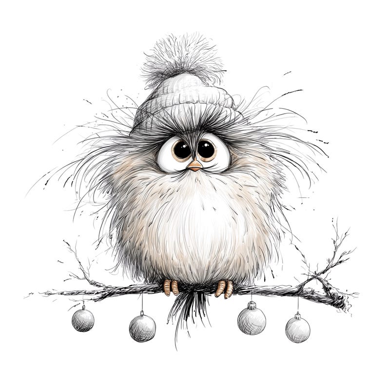 K&ouml;nnte beinhalten: Eine skurrile Illustration eines flauschigen Vogels, der eine wei&szlig;e Strickm&uuml;tze mit Bommel tr&auml;gt und auf einem Ast sitzt. Der Vogel hat gro&szlig;e, ausdrucksstarke Augen und ist von zarten Linien umgeben. Silberne Kugeln h&auml;ngen am Ast und deuten auf ein Winter- oder Feiertagsmotiv hin.