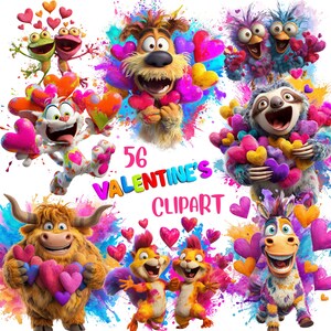 May include: A vibrant digital illustration featuring various cartoon animals, each holding heart-shaped objects. The image includes frogs, a dog, birds, a sloth, a bull, squirrels, and a horse, all surrounded by colorful paint splatters. The text "56 VALENTINE'S CLIPART" is displayed.