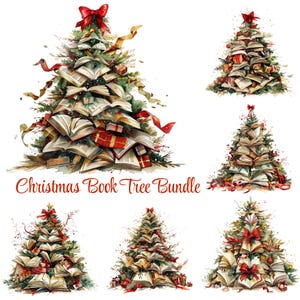 May include: Watercolor illustration of a Christmas tree made of open books, adorned with red bows, ribbons, and wrapped gifts. The text "Christmas Book Tree Bundle" is written in red script below the trees.