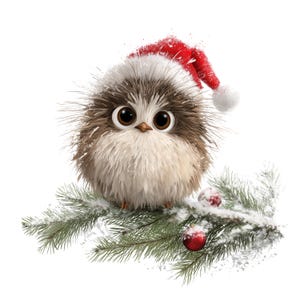 K&ouml;nnte beinhalten: Eine skurrile Illustration eines flauschigen Vogels mit roter Weihnachtsm&uuml;tze, der auf einem schneebedeckten Kiefernzweig sitzt. Der Vogel hat gro&szlig;e, ausdrucksstarke Augen und ist von roten Kugeln umgeben, was eine festliche Weihnachtsszene schafft.
