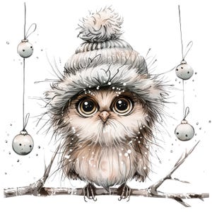 K&ouml;nnte beinhalten: Eine Illustration einer Eule, die auf einem Ast sitzt und einen flauschigen wei&szlig;en Hut mit Bommel tr&auml;gt. Die Eule hat gro&szlig;e Augen und ist von h&auml;ngenden wei&szlig;en Kugeln umgeben, was eine Winter- oder festliche Atmosph&auml;re erzeugt.