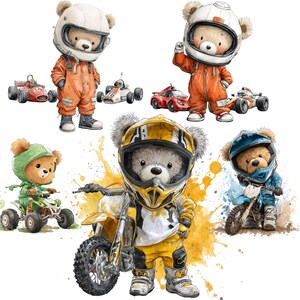 May include: A watercolour illustration featuring teddy bears in racing attire. The bears are shown with race cars, motorbikes, and ATVs. The bears wear helmets and racing suits in various colours, including orange, blue, and green.