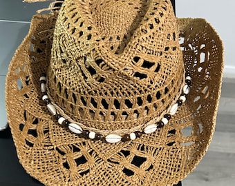 Vintage Straw Cowboy Hat with Shell & Beads – Summer Beach Sun Hat