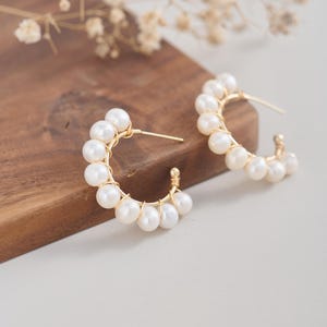 Handmade 14K Gold Filled Wire Wrapped White Freshwater Pearl Hoop Earrings | Classic Pearl Statement Earrings | Non-Tarnish & Hypoallergenic