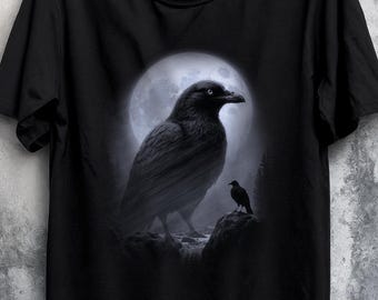 Raven Moon T-Shirt | Gothic Crow Graphic Tee | Dark Forest Night Art Shirt