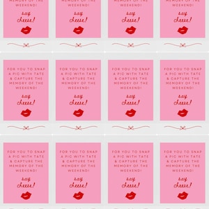 May include: Twelve pink photo booth props with red text that says "For you to snap a pic with Tate & capture the memory of the weekend! Say cheese!"  Each prop features a red cartoon mouth with lipstick.