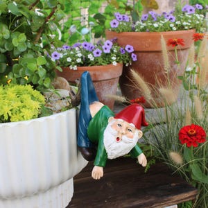 May include: A garden gnome statue with a red hat, green shirt, and blue pants, appears to be falling off a white planter. The gnome has a white beard and is surrounded by potted plants and flowers.