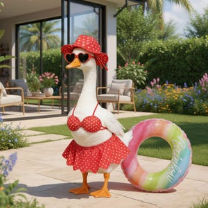 Adorable Porch Goose Swimsuit Set | Red Polka Dot Bikini & Rainbow Pool Float | Fun Yard Decoration Photo Prop