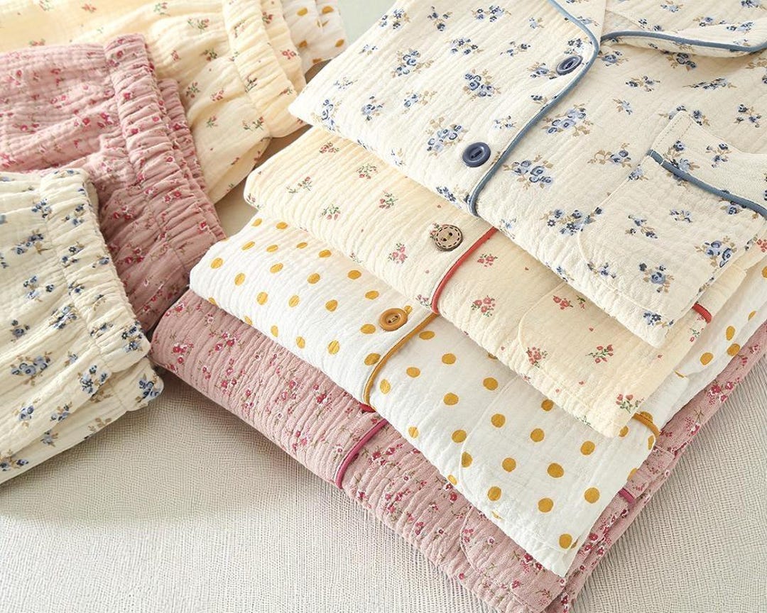 Ensemble pyjama 100 % coton, mousseline, haut boutonné à manches longues et imprimé floral, pantalon et haut boutonné à manches longues, ensemble de