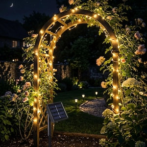 May include: A wooden garden archway adorned with warm white string lights and climbing rose bushes. A black solar panel on a stake is positioned in the foreground, providing power to the illuminated archway in a dark outdoor setting.
