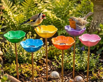 Baño para pájaros con diseño de flores vibrantes, plato decorativo de cerámica para jardín, 60 cm de altura.