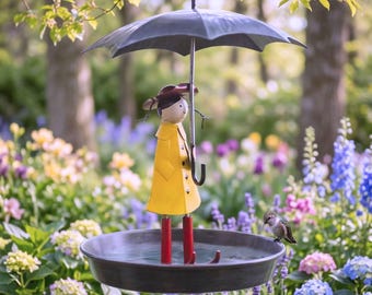 Comedero metálico para pájaros con forma de niña con paraguas / Decoración colgante original para jardín o patio