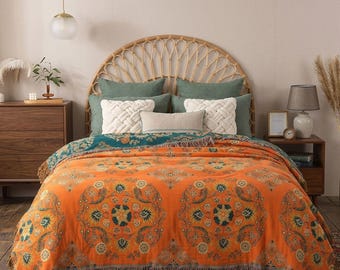 Coperta in garza di cotone con stampa floreale in stile boho, copridivano con nappe, copriletto vintage per l'arredamento della casa.