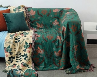 Bird Floral Sofa Throw Blanket, Woven Couch Cover with Tassels, Boho Jacquard Furniture Protector, Blue Green Home Deco