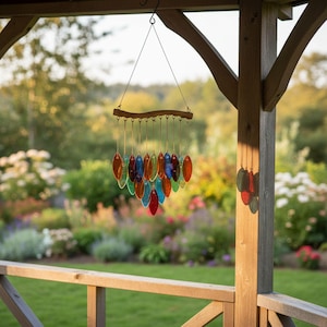 Colorful Glass Leaf Wind Chime, Stained Glass Hanging Art, Garden Decor, Window Suncatcher