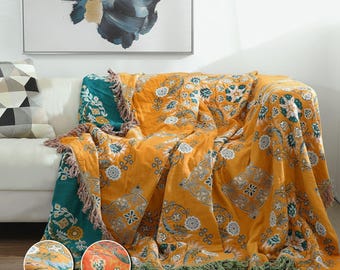Floral Boho Cotton Gauze Throw Blanket, Tassel Sofa Cover, Vintage Bedspread Home Decor