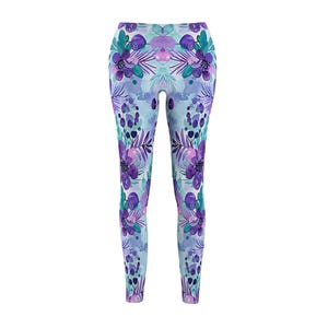 Damen Druck Leggings Lila Aquarell Blumen Einzigartig Frischer Look Stilvolle Athleisure Wear für Frauen Yoga Fitness Gym Workout Freizeitkleidung
