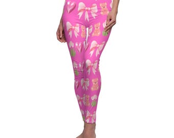 Cute Pink Bear Tulips & coquette bow Leggings, Fun Casual Pants spring summer wear,  Gift for Her trendy Yoga Fitness gym workouts for women