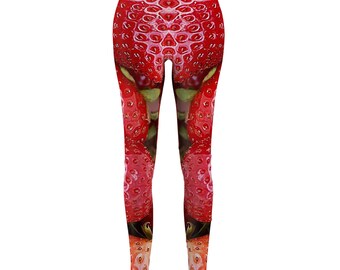 Strawberry Print Leggings Yoga Fitness Exercise Workout Pants Running Jogging Wear Gift for Vegetable, Fruit Lovers, Health Conscious People