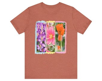 Camiseta unisex con diseño de jardín floral: camisa con flores primaverales vibrantes, regalo para amantes de las flores, ropa informal, atuendo para fiesta en el jardín, ropa inspirada en la naturaleza
