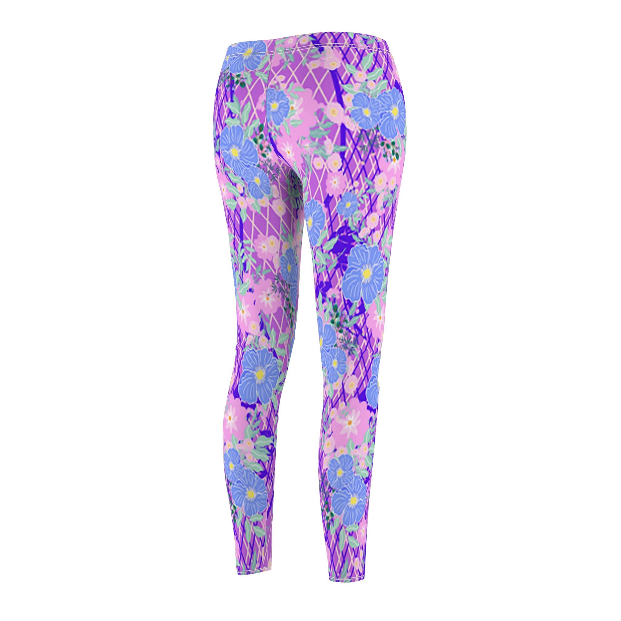 blue　花柄フィットレギンス パープル系 レディース レギンス 鮮やかなブルー、パープル、ピンクの花柄タイツ