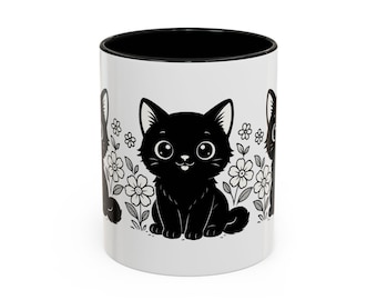 Adorable Black Cat Coffee Mug - Cute Black Cat Design, Pet Lover Gift, Black Cat Cup, Cat Lover Mug, Floral Kawaii Style Mug Unique Cat Mug