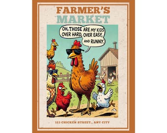 Farmers Market Poster Wall Print Decor Funny Chicken Retro Diner Poster For Cafe Diner Breakfast Home Kitchen Decor Chef's Farmers Wall Art