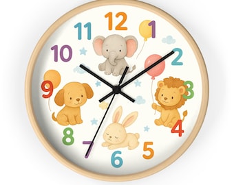 Kids Cute Animals Wall Clock, Nursery Decor, Playroom Clock, Baby Gift for Shower, Educational Timepiece, Children's Nursery Wall Art Clock