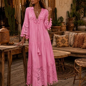 white lace top pink bottom dress Gorgeous Crew Long Pink Chiffon Prom Dress with White Lace Top US10 / Custom Color