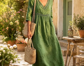 Boho Linen Maxi Dress, Embroidered V-Neck Summer Dress, Loose Fit Casual Dress, Resort Vacation DressBoho Maxi Dress