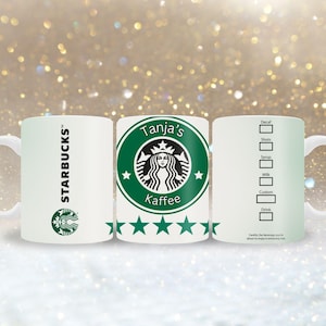 Könnte beinhalten: Weiße Keramik-Kaffeetasse mit Starbucks-Logo und Text. Die Tasse hat ein grünes Logo mit dem Namen "Tanja's Kaffee" und eine Liste zur Getränkeanpassung. Die Tasse hat einen weißen Henkel und einen goldenen Glitzerhintergrund.