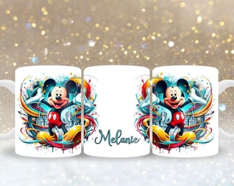 May include: A white ceramic mug featuring a colorful watercolor-style illustration of Mickey Mouse with a castle in the background. The name Melanie is printed in a dark blue script font on the side of the mug, surrounded by vibrant paint splashes.