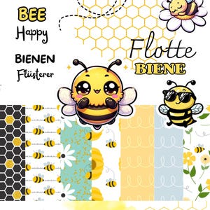 Może przedstawiać: Zbiór grafik i wzorów z motywem pszczół. Zawiera kreskówkowe pszczoły, motyla, wzory plastra miodu oraz teksty takie jak "Bee Happy" i "You're sweet as Honey". Paleta kolorów to żółty, czarny, biały i niebieski.