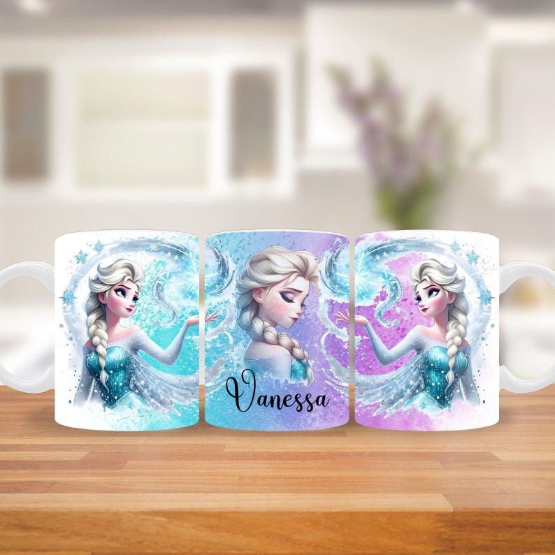May include: White ceramic mug featuring a princess design with a blue and purple color scheme. The mug has a handle and a wraparound illustration of a princess with the name "Vanessa" in cursive.