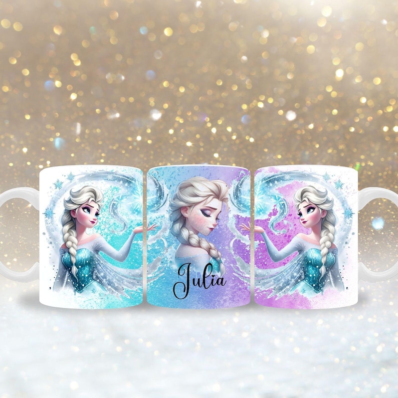 May include: White ceramic mug featuring a princess design with a blue and purple color scheme. The design includes a portrait of a princess with a braided hairstyle, and the name "Julia" is written on the mug.
