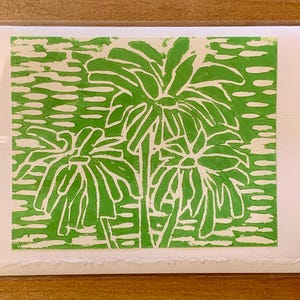 Woodblock handgedrukte wenskaart ~ Groene zonnebloem