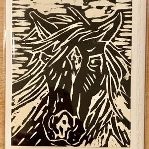 Woodblock handgedrukte wenskaart ~ Mustang zwart
