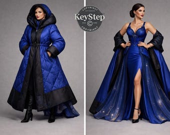 Converteerbare winterjasjurk Digitale couture-illustratie