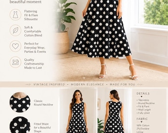 Black White Polka Dot Midi Dress: Sleeveless Fit and Flare Cotton Blend