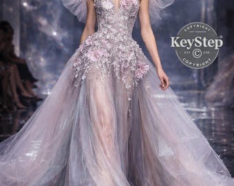 Bloemen 3D-borduurwerk Couture Jurk Ontwerpconcept Modereferentie